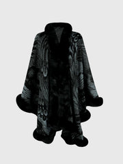 Feather print cape in charcoal with faux fur trim and collar.