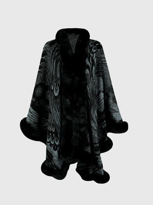 Feather print cape in charcoal with faux fur trim and collar.