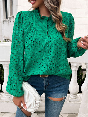 Dark green eyelet embroidered blouse with ruffle collar and button front.