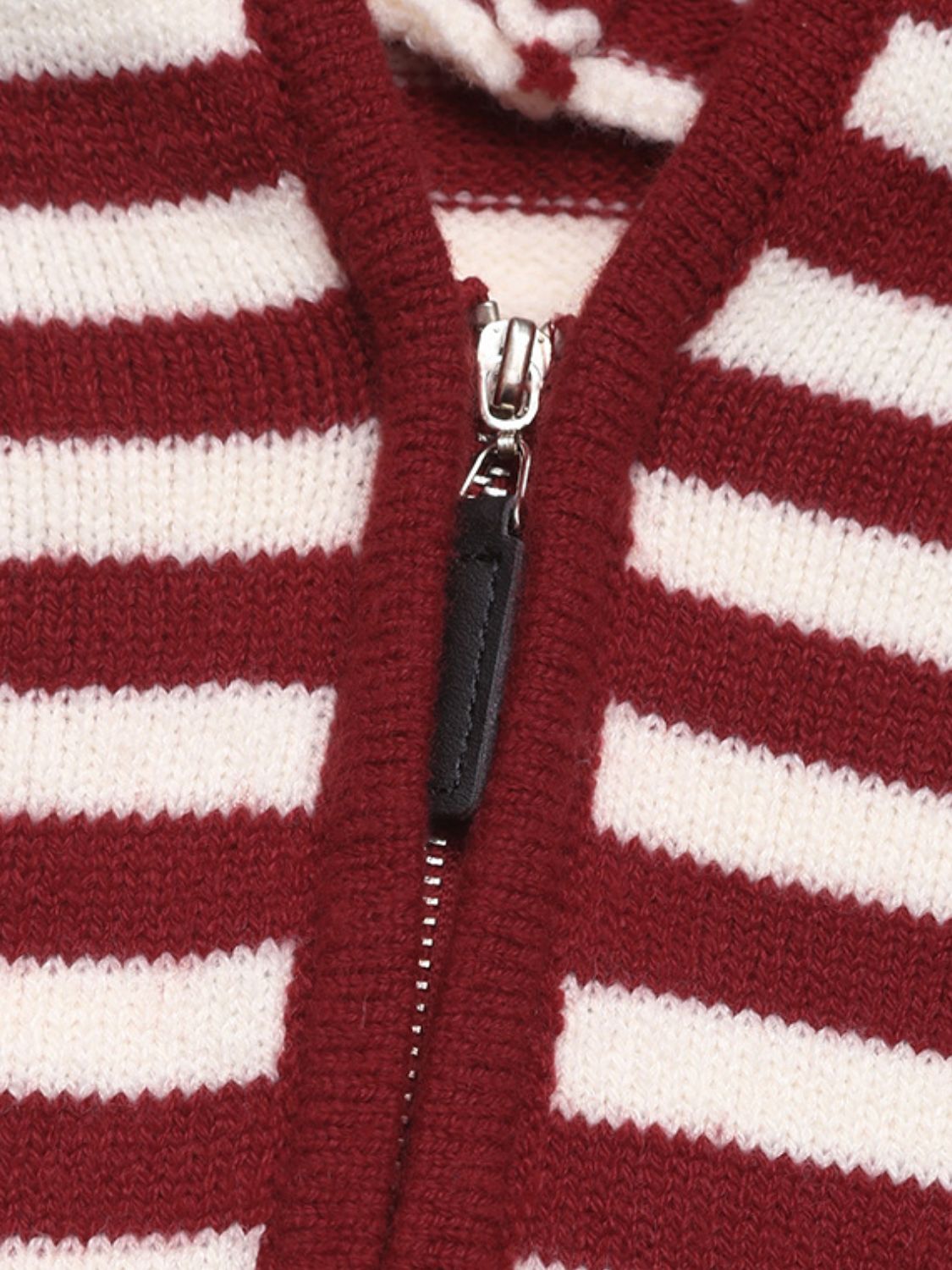 Burgundy and white striped knit zip-neck hoodie with a black leather zipper pull.