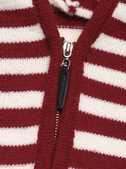 Burgundy and white striped knit zip-neck hoodie with a black leather zipper pull.