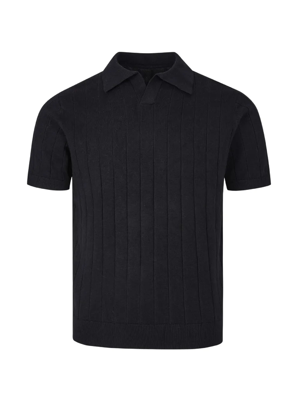 Black ribbed knit polo shirt with short sleeves and a classic collar.