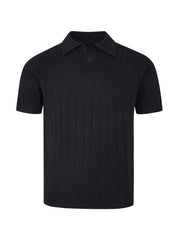 Black ribbed knit polo shirt with short sleeves and a classic collar.