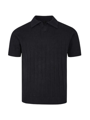 Black ribbed knit polo shirt with short sleeves and a classic collar.