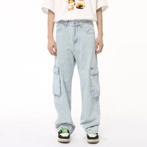 Baggy light wash denim cargo pants with multiple pockets.