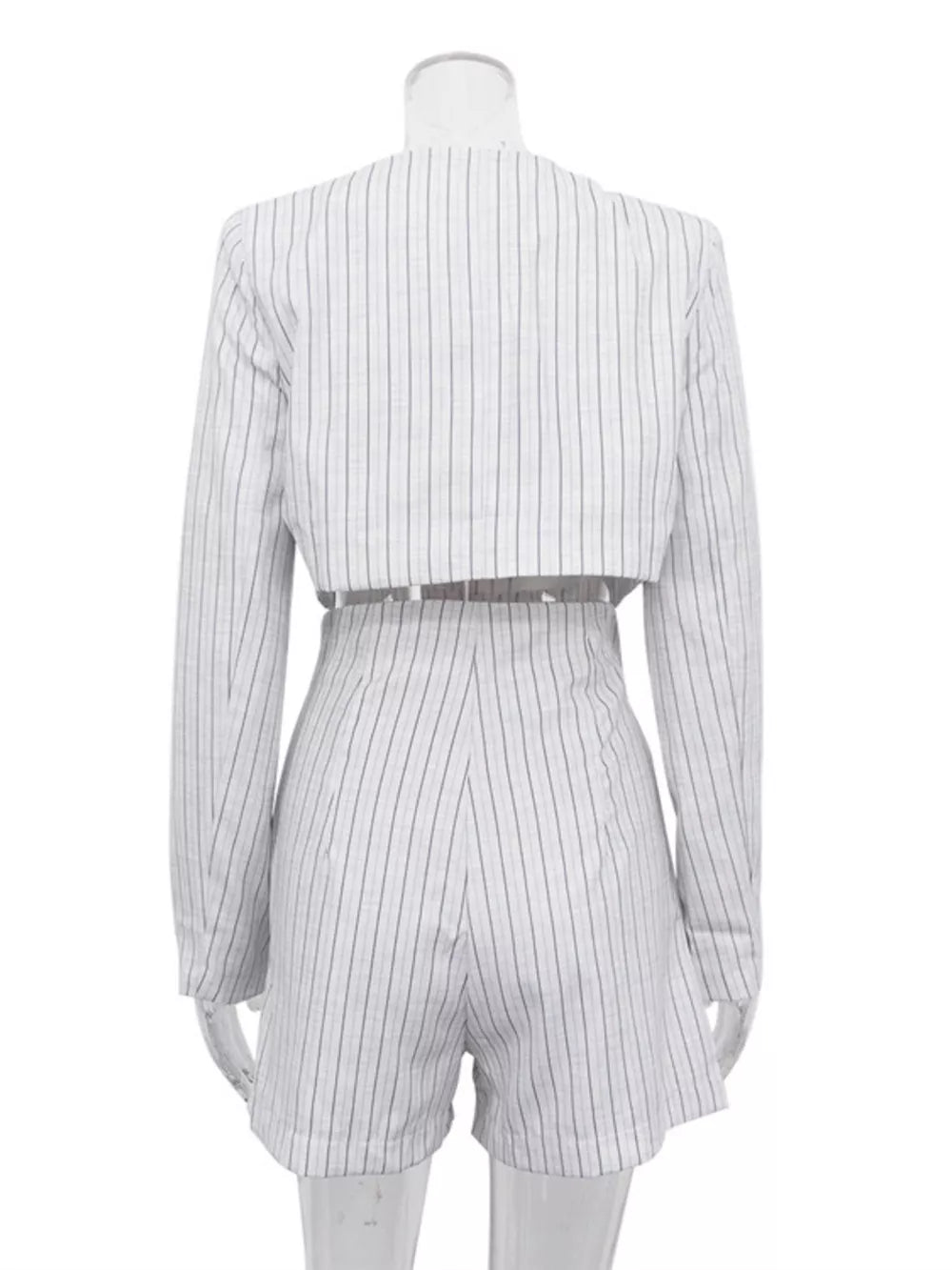 Pinstripe Cropped Blazer And Pleated Shorts Set in Light Gray, alternate angle