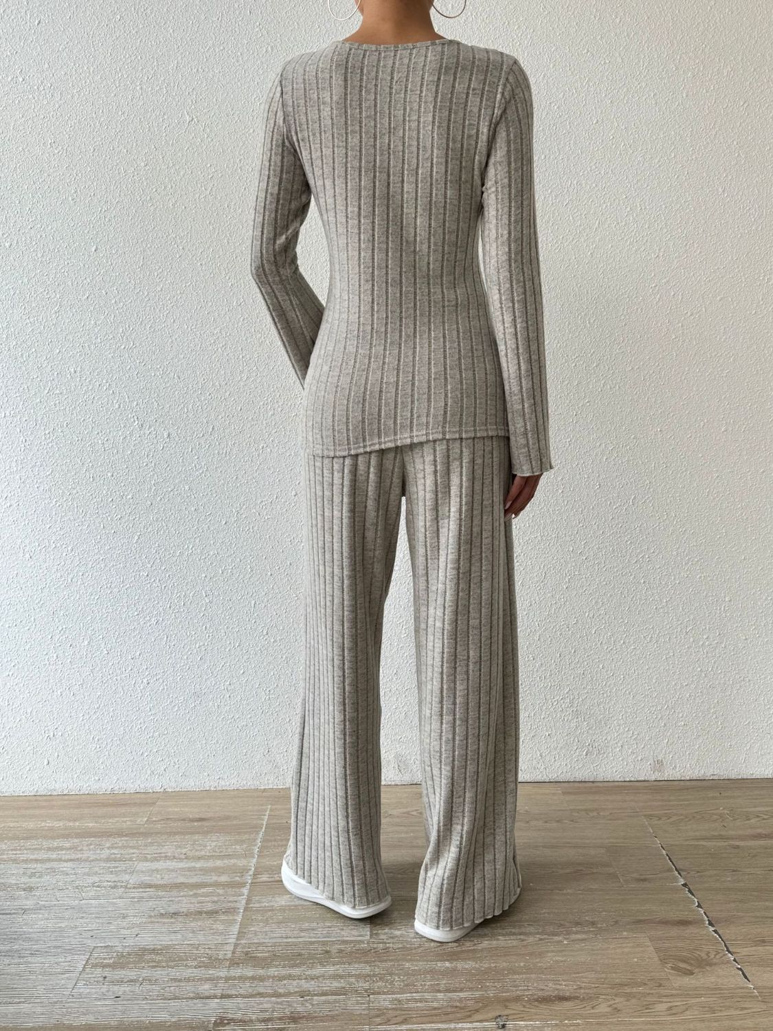 Flared ribbed knit lounge set in Dust Storm, long sleeve top and wide leg pants.