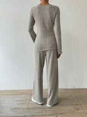 Flared ribbed knit lounge set in Dust Storm, long sleeve top and wide leg pants.