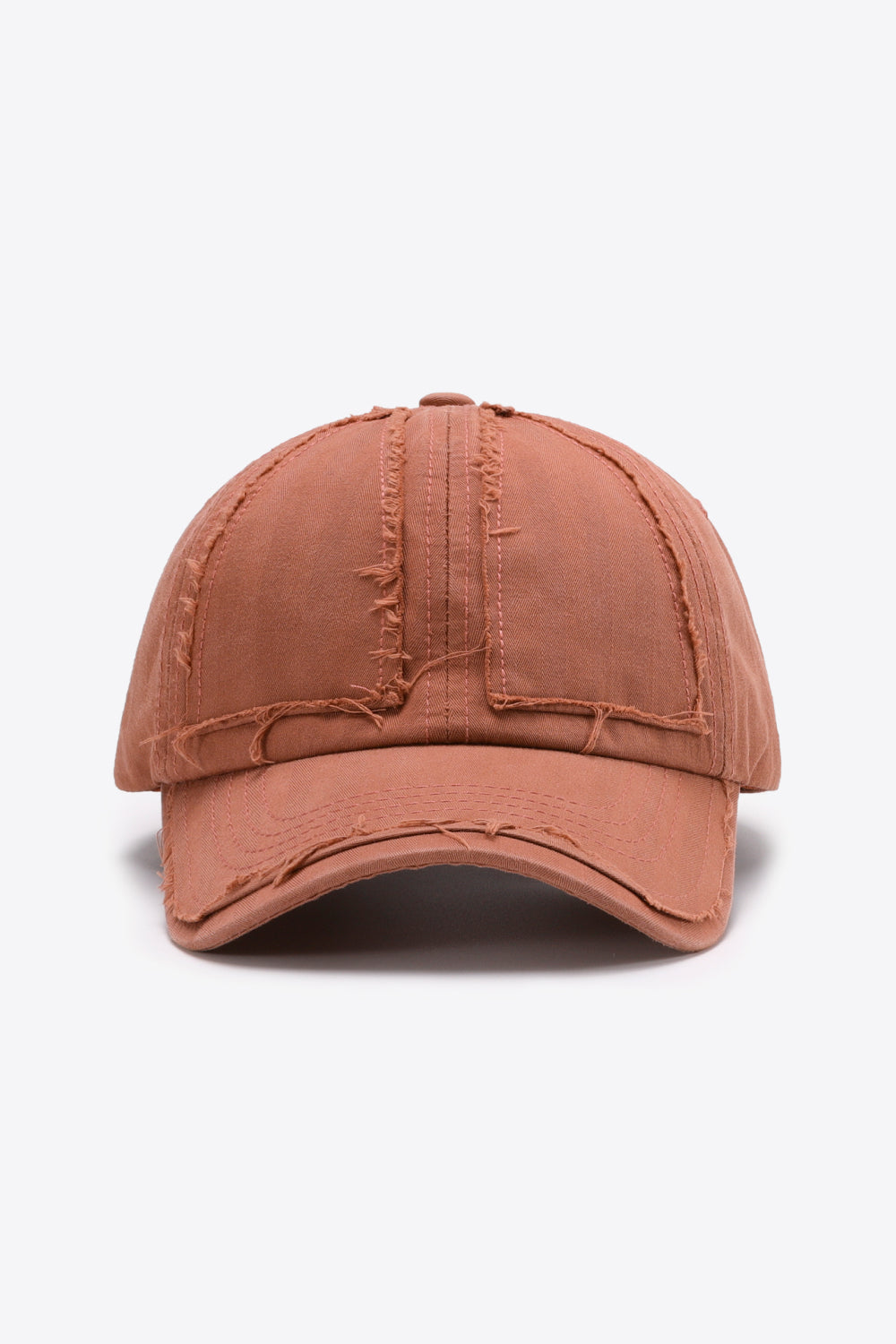 Burnt Coral raw edge denim baseball cap with distressed details