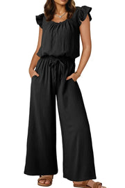 Black textured drawstring palazzo jumpsuit with ruffle sleeves and pockets