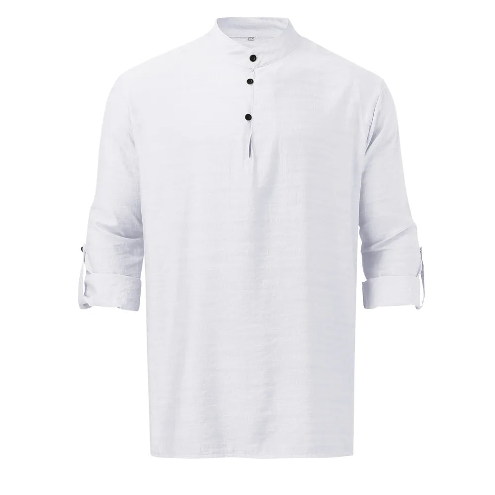 White half-button shirt with mandarin collar and rolled sleeves.