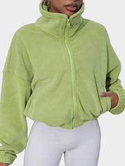 Lime green fleece cropped funnel neck jacket with zipper and pockets