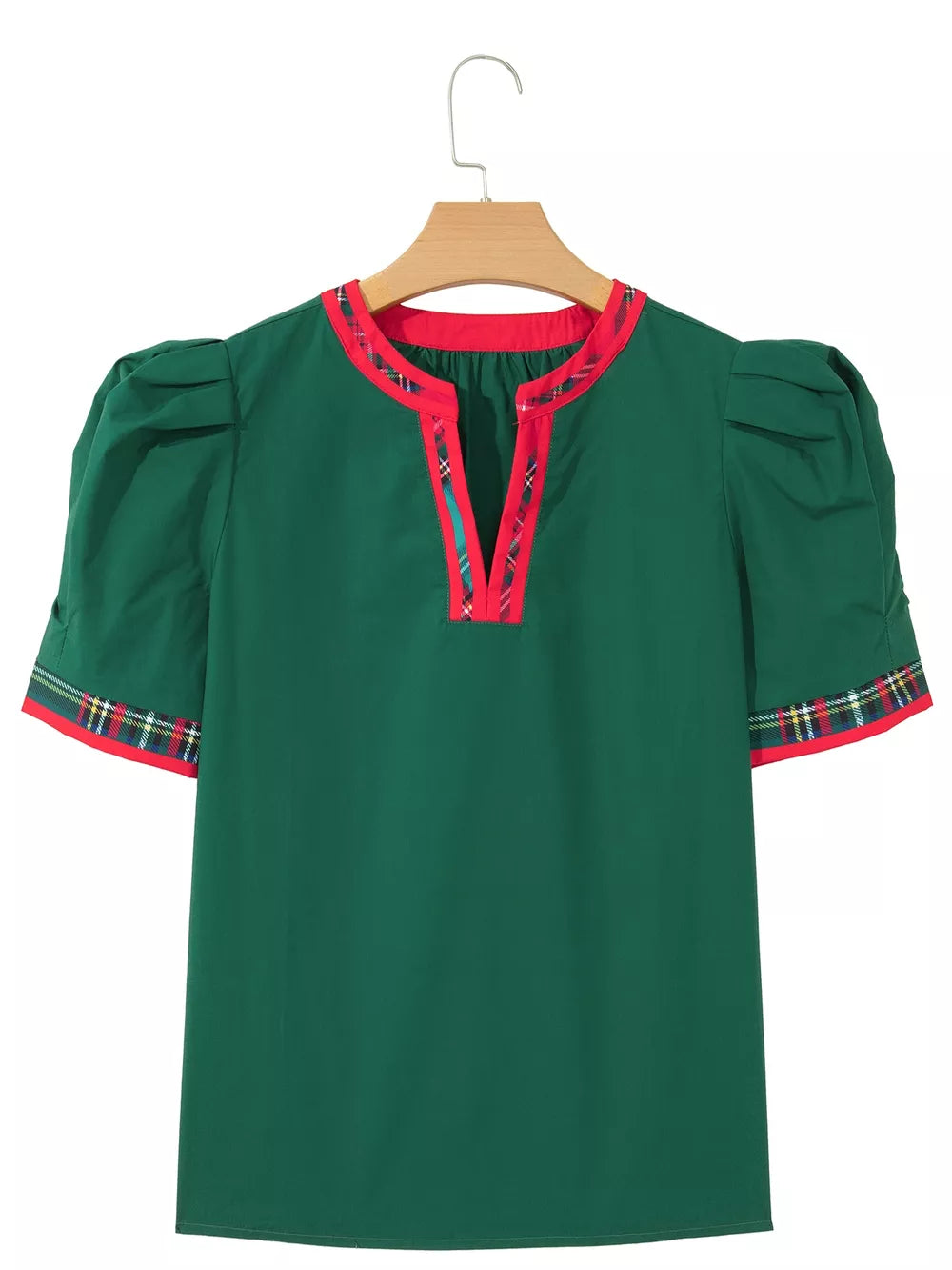 Plaid Trim V Neck Short Sleeve Blouse in Dark Green, close-up detail