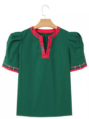 Plaid Trim V Neck Short Sleeve Blouse in Dark Green, close-up detail