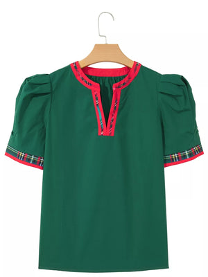 Plaid Trim V Neck Short Sleeve Blouse in Dark Green, close-up detail