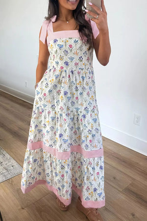 Tiered Floral Tie Shoulder Midi Dress, close-up detail