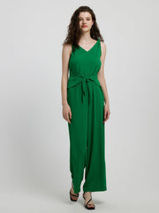 Emerald tie-waist wide leg jumpsuit in mid green with a V-neck and sleeveless design.