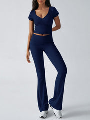 Dark blue ruched v-neck crop top and flared lounge pants set
