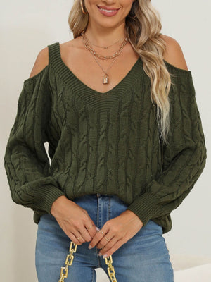 Army green cable knit cold shoulder sweater with balloon sleeves and V-neck.