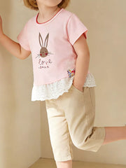 Charming bunny graphic cotton crew neck ruffle tee