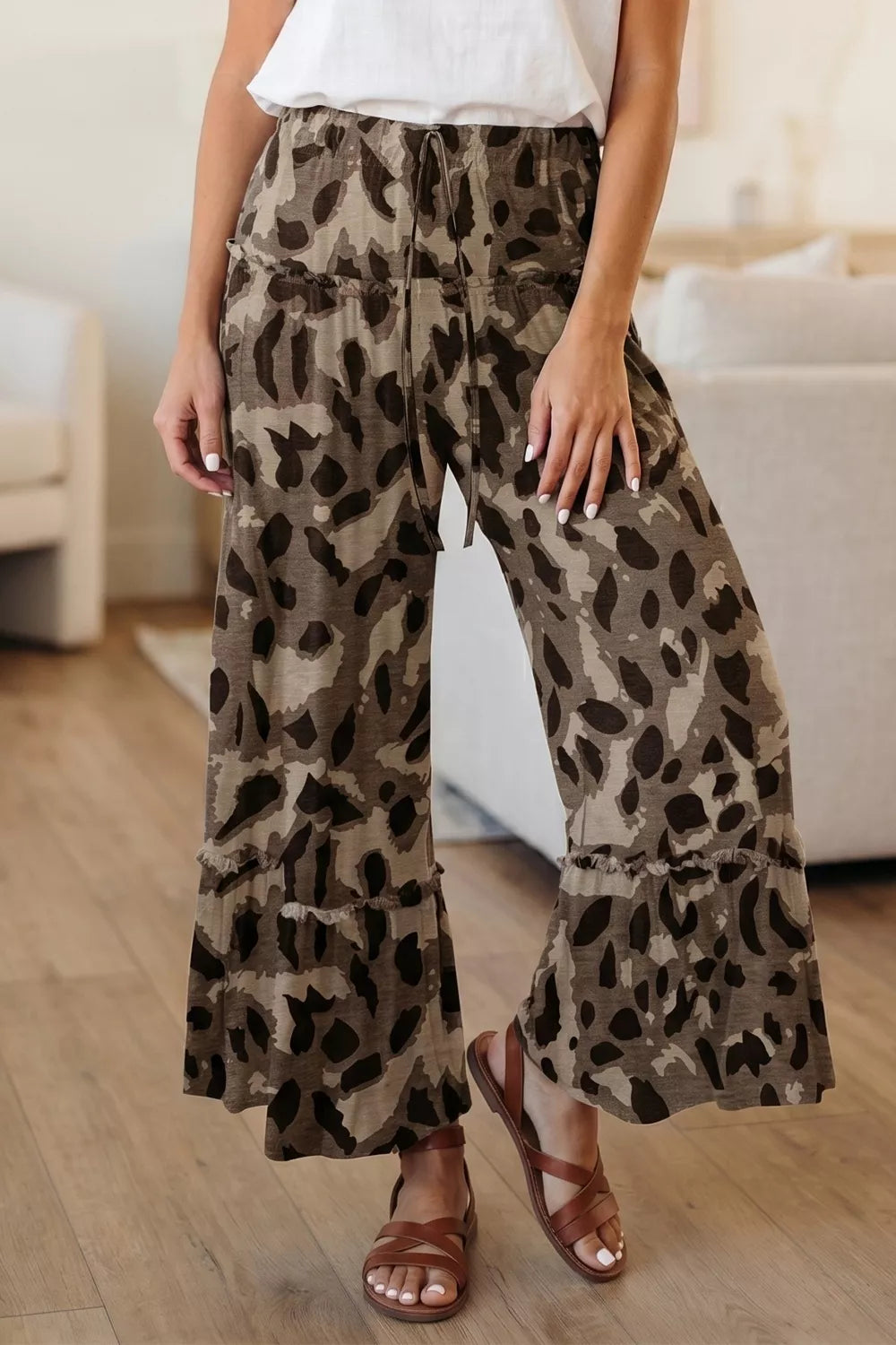 Camo print maternity pants with drawstring and ruffled hem