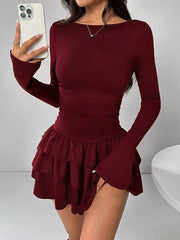 Ruched Long Sleeve Layered Ruffle Mini Dress in Red, view 18