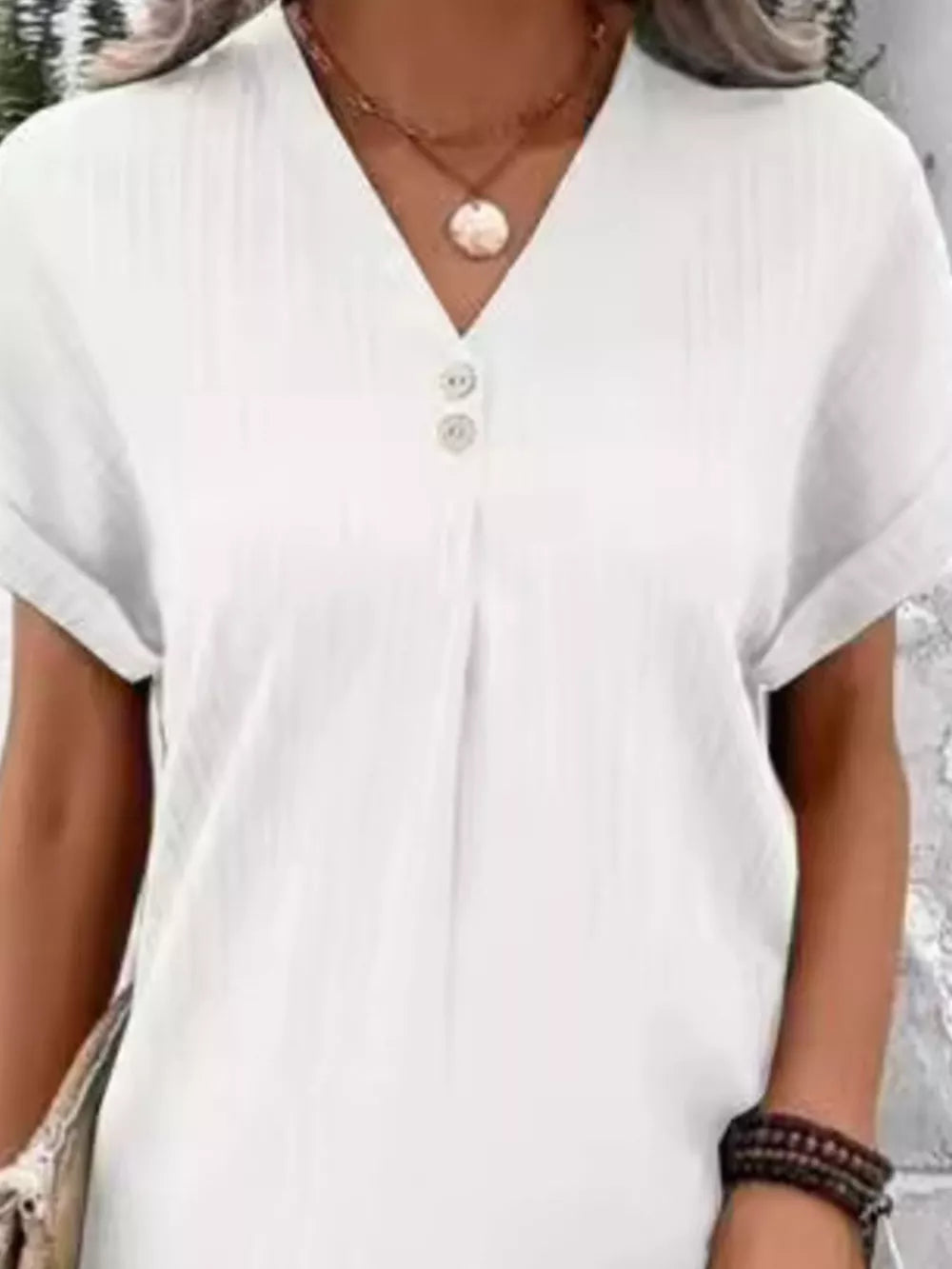 Full Size Casual V-neck Short Sleeve Dress in Silver, side view