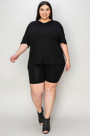 Black bamboo loungewear set with relaxed fit v-neck tee and biker shorts