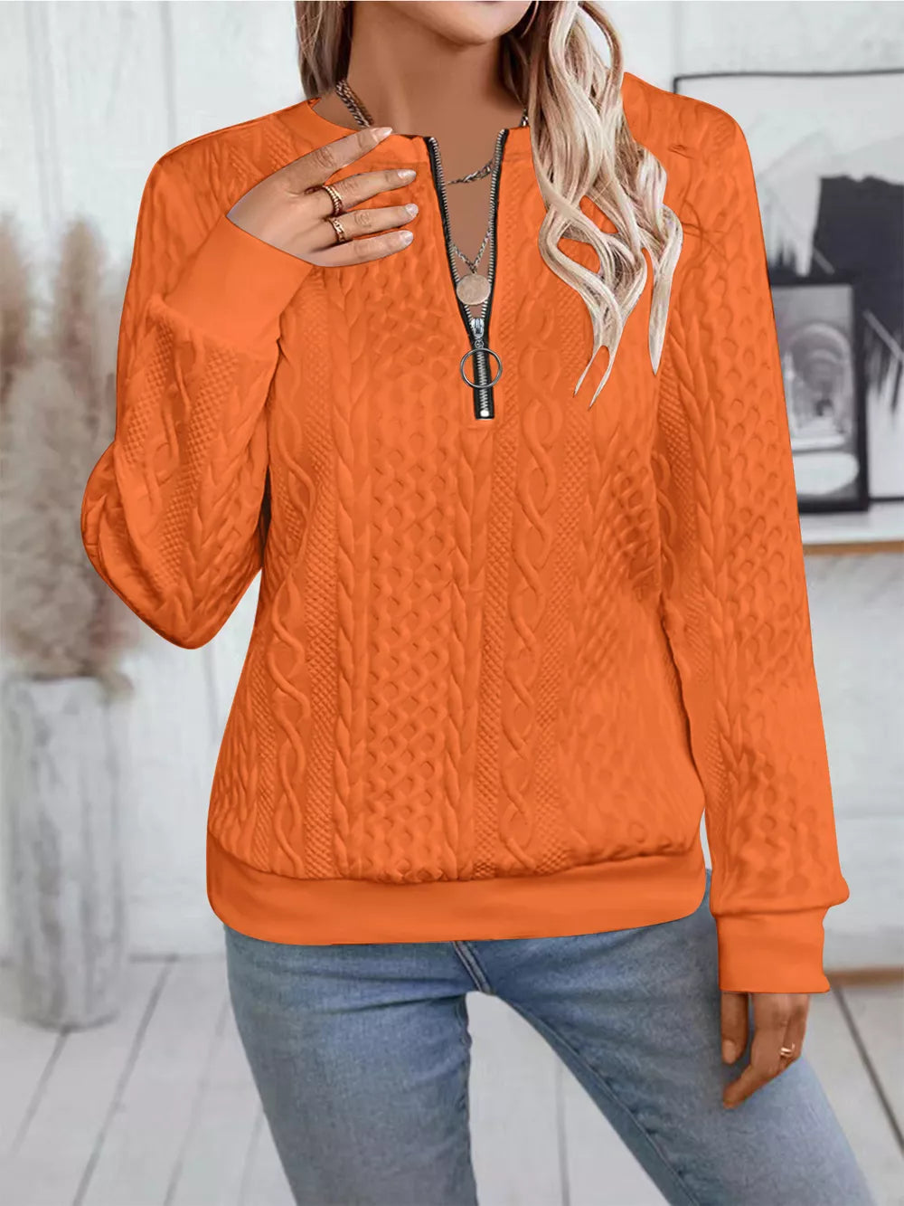 Chic Cable Texture Quarter-zip Sweatshirt in Blue, view 12