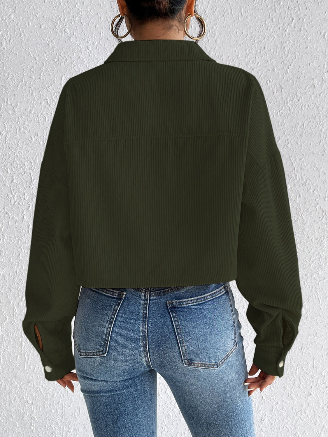Cropped corduroy jacket in Army Green with snap cuffs and collar.