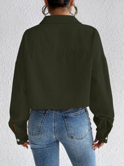 Cropped corduroy jacket in Army Green with snap cuffs and collar.