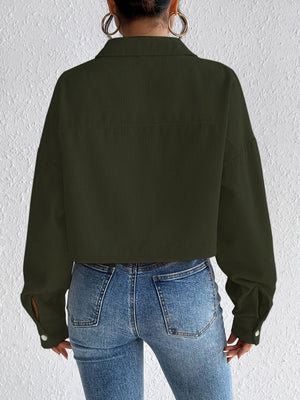 Cropped corduroy jacket in Army Green with snap cuffs and collar.