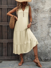 Beige tiered midi sundress with V-neck and button detail, sleeveless, casual boho style
