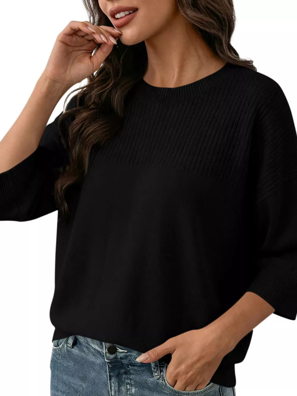 Elegant Crew Neck Eyelet Ribbed Sweater in Pink, front view