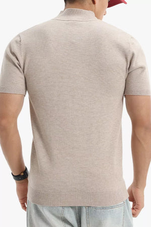 Men's eggshell knit mock neck short sleeve slim fit top with ribbed trim