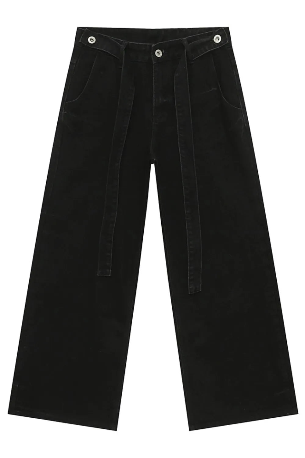 Belted palazzo jeans in dark acid wash denim with a wide leg and tie waist.