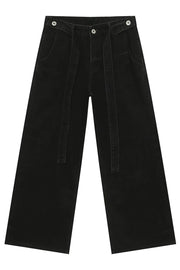 Belted palazzo jeans in dark acid wash denim with a wide leg and tie waist.
