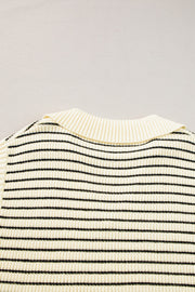 Ivory and black striped knit polo vest with ribbed collar detail.