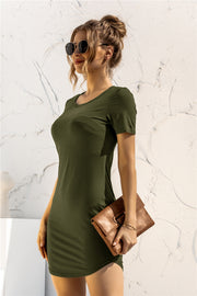 Army green crewneck bodycon dress with short sleeves.
