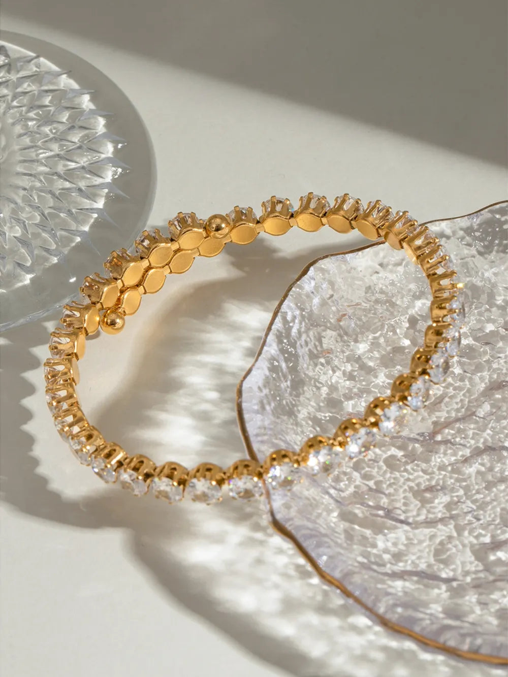 Gold double row pavé bangle bracelet with clear crystals
