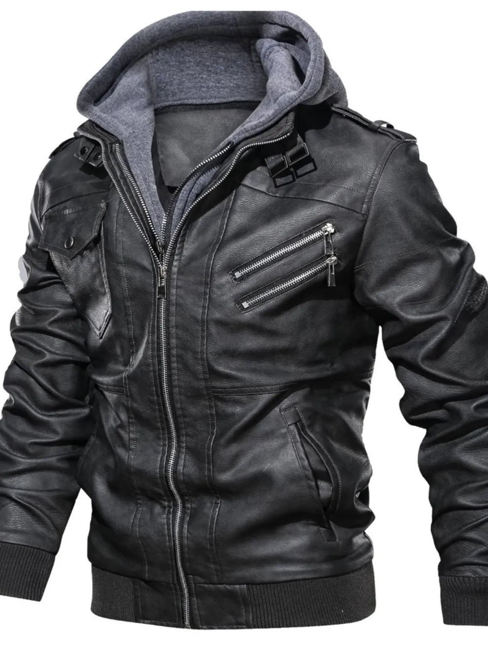 Men's Full Size Hooded Faux Leather Motorcycle Jacket in Black, front view