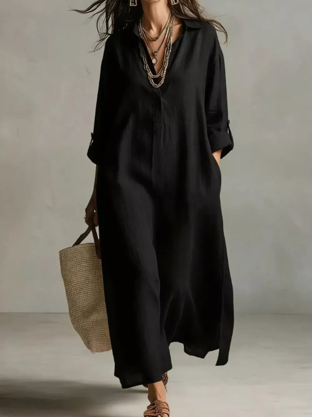 Full Size Casual Midi Shirt Dress Plus Size in Black, product detail