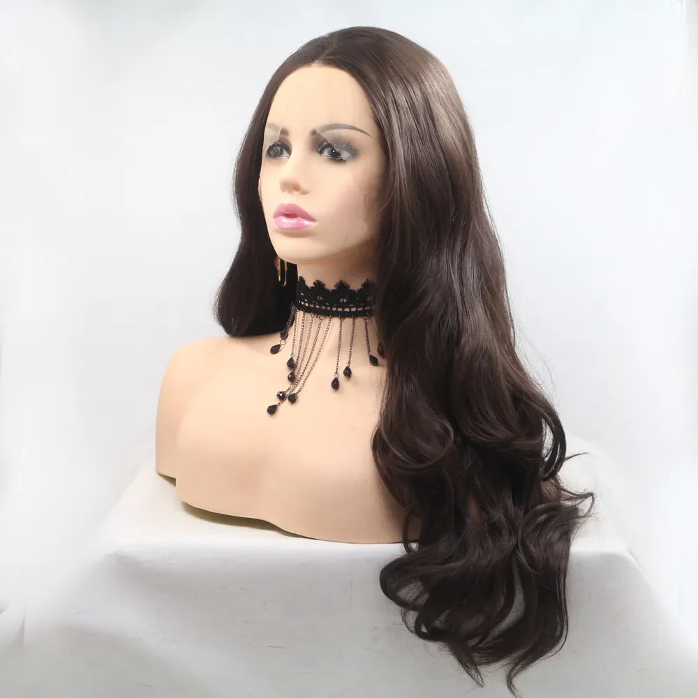Brown lace front wig with cascading curls and a realistic hairline.