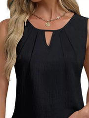 Black sleeveless tank top with keyhole neckline and subtle pleating detail.