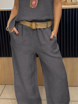 Grey relaxed fit tank and wide-leg pants set with a tan belt and pockets.