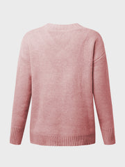 Dusty Pink V-neck knit sweater with ribbed trim and cuffs.