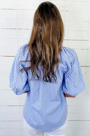 Blue gingham cotton blend maternity shirt with puff sleeves and V-neck