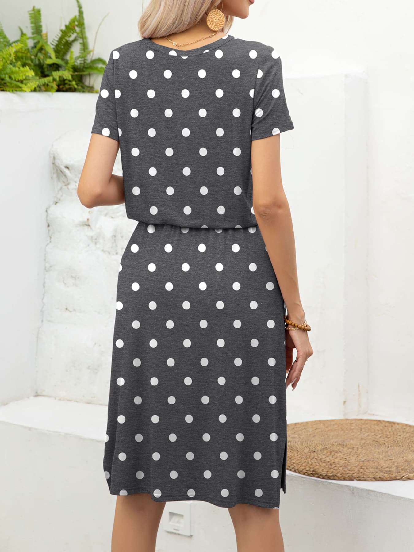 Gray/Dot midi dress with drawstring waist, short sleeves, and side slits.