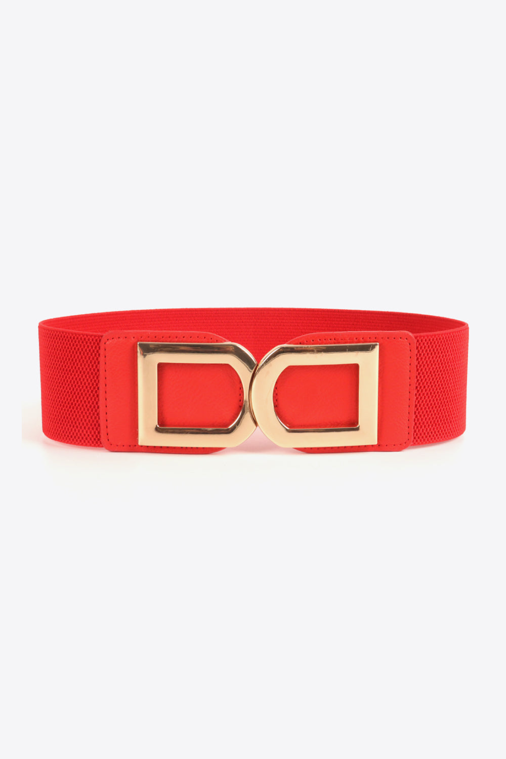 Red elastic belt with double gold buckle detail