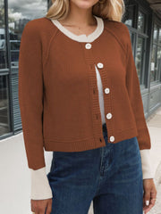 Brown raglan sleeve colorblock knit cardigan with white trim and buttons.